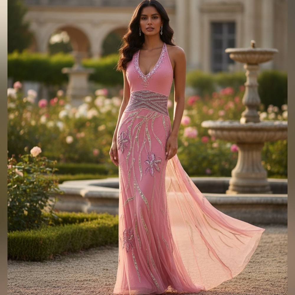 Elegant cotton, candy Pink hand, beaded Attitudes by‎ Debra Evening Gown